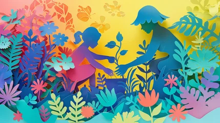 Fotobehang A vibrant papercut of a garden scene with a mother and child planting together, Mother's day background, with copy space © Катерина Євтехова