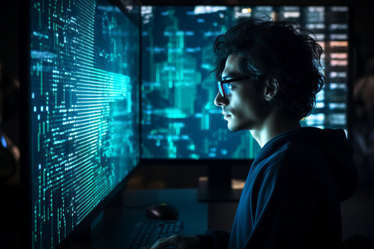 Hard working person in modern interior office programming writing web java script code AI technology generation