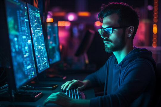 Hard working person in modern interior office programming writing web java script code AI technology generation