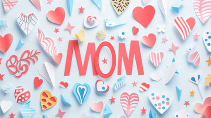An abstract papercut featuring hearts and the word "MOM" in bold, surrounded by geometric patterns, Mother's day background, with copy space