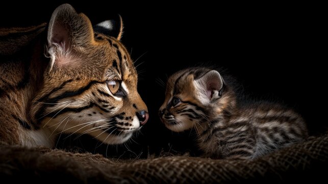 Male margay and kitten portrait with space for text, object on the right side, ideal for adding info