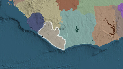 Shape of Liberia. Glowed. Administrative.