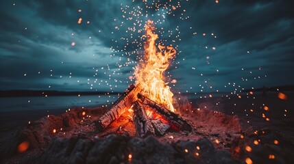 Vibrant campfire scene with flames and sparks at a lively tourist campsite during the night