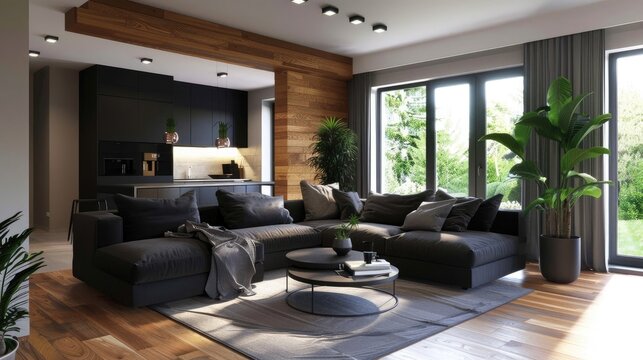 Modern living room with black sofa