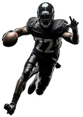 An American football player runs with a ball in his right hand. Watercolor paint. Transparent isolated background