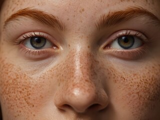 Woman's face, captured in close-up, shows her unique freckles that adorn both her skin and her eyes. Generative AI