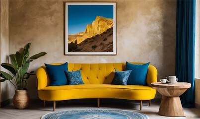 Interior design of modern living room with yellow sofa blue pillows and wood round table for tea or coffee