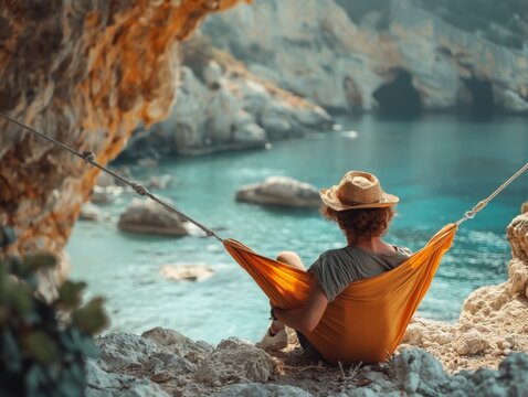 Digital nomad working from hammock with laptop, seaside remote work, work from anywhere lifestyle concept