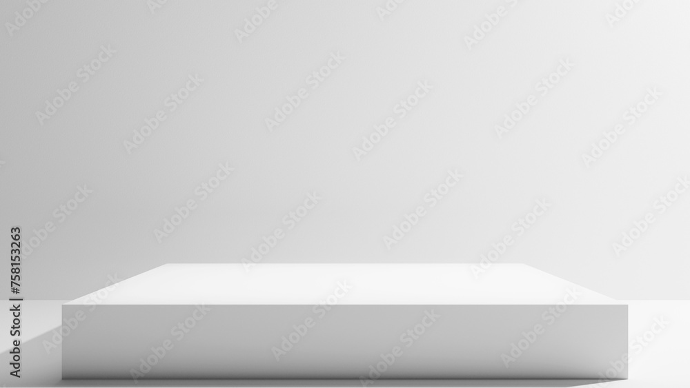 Poster White Abstract Minimalistic room studio stage table background empty display - abstract white display room background, bright light clean plaster walls and floor, white shadows room, advertisement