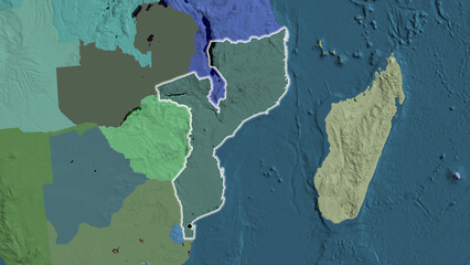 Shape of Mozambique. Glowed. Administrative. - obrazy, fototapety, plakaty