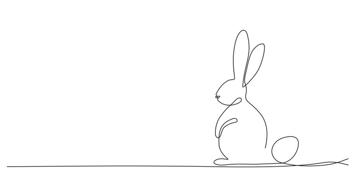 Zajączek wielkanocny rysowany jedną ciągłą linią. Zając i jajko wielkanocne. Tło na świąteczne banery. Sylwetka uroczego kr&oacute;lika w prostym minimalistycznym stylu. Ilustracja wektorowa.