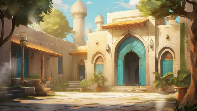 Animation magnificent mosque building cartoon style seamless 4k video background. generated with ai