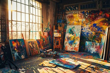 Naklejka premium A messy art studio with a lot of paint splatters on the floor