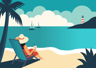 Obraz na płótnie Canvas Back view of woman relaxing at the sand beach, drinking cocktail, enjoying sea landscape. Summer holidays, travel, vacation vintage minimal poster. Vector illustration.