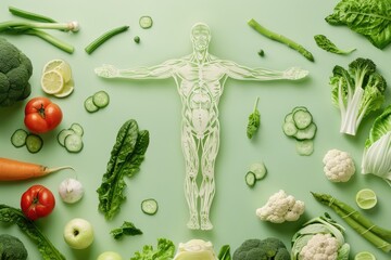 Creative concept, health, vegetarianism, health day. Silhouette of a Vitruvian Man on a background of vegetables, double exposure