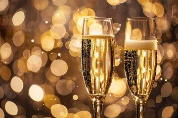 Two exquisite champagne flutes brimming with effervescent bubbles, set against a backdrop of opulence and glittering lights