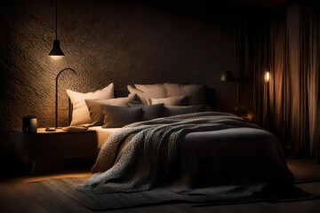 Nighttime scene in a bedroom, illuminated by a stylish bedside lamp, showcasing a comfortable bed with textured throw pillows and a woven blanket