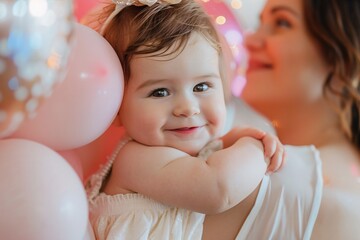 An up-close perspective highlighting the precious moment of a baby girl's first birthday hug, as she embraces her loved ones with chubby arms and a big smile