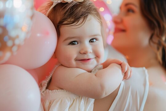 An up-close perspective highlighting the precious moment of a baby girl's first birthday hug, as she embraces her loved ones with chubby arms and a big smile
