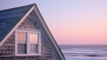 An up-close perspective capturing the weathered wooden shingles and charming dormer window of a coastal Cape Cod-style home, bathed in the soft hues of a pastel sunrise on a tranquil summer morning