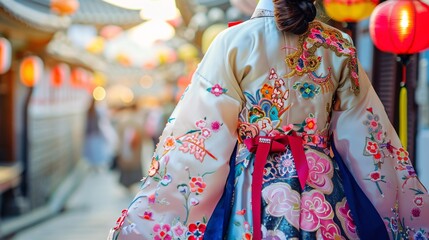 Up-close perspective capturing the vibrant colors and intricate designs of traditional Korean Hanbok attire, adorned with colorful embroidery and elegant silhouettes