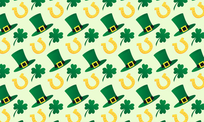 Patrick's Day seamless pattern hat, horse shoe clover leaf