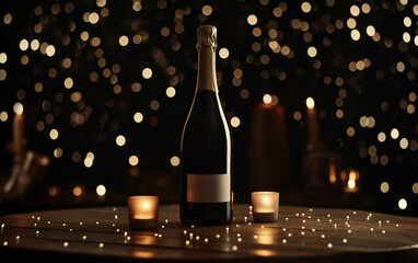 A champagne bottle and candle on a table with glitter and bokeh background