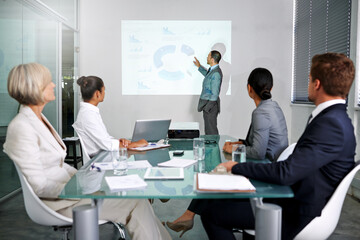 Presentation, business people and presenter with projector screen, graphs for planning meeting and...