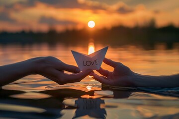 An intimate shot of a couple's hands releasing a paper boat into a serene lake, with "LOVE" written in elegant calligraphy on the sail, against a backdrop of golden sunset reflections on the water