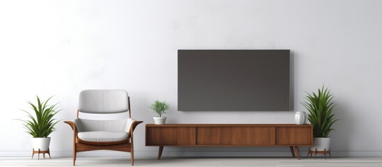 Minimal design TV cabinet on white wall with armchair