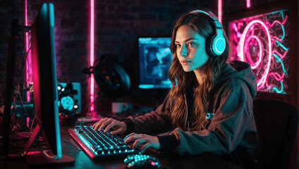 A woman with headphones is gaming on a PC in a room with neon light decorations