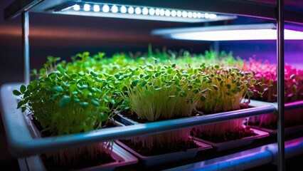 Growing microgreens indoors on vertical racks with lighting