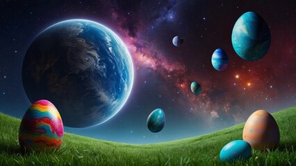 Multi-colored Easter eggs on green grass against the backdrop of the universe and planet Earth