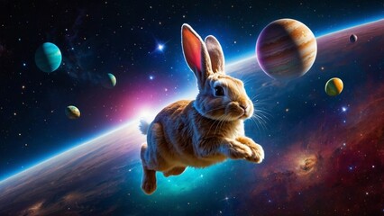 Obraz na płótnie Canvas Easter bunny flying in space against the backdrop of the universe, colorful eggs, planets and stars