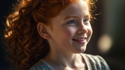 Portrait of a child - a cute red-haired curly girl in the rays of the sun