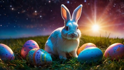 The Easter bunny sits on the grass against the backdrop of the universe, colorful eggs, planets and stars