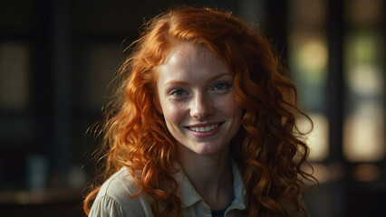 Portrait of a red-haired girl with curly hair in the rays of the sun
