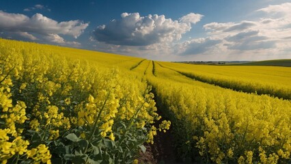 Blooming rapeseed field stretching into the sky against a background of blue sky with clouds