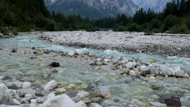 lunga ripresa video in tempo reale con vista dettagliata su di un torrente di montagna in Italia, di pomeriggio, in estate con l'acqua che scorre tra le rocce e sullo sfondo un bosco e delle montagne