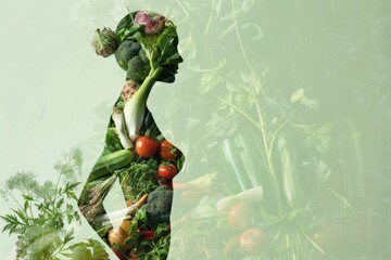 Creative concept, health, vegetarianism, health day. Silhouette of a woman on a background of vegetables, double exposure