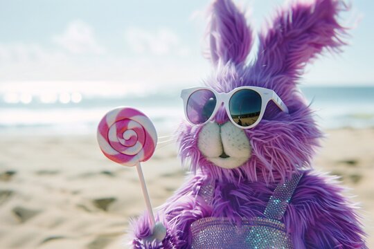 A very furry purple rabbit is holding a pink lollipop in his hand and he really wants to eat it. He's in a bathing suit with sunglasses, with the beach in the background on a summer's day
