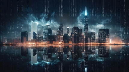 Double exposure of graphic America map hologram on Chicago office buildings background