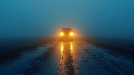 Fototapeta premium Approaching car with headlights on in night fog