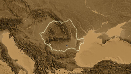Shape of Romania. Glowed. Sepia elevation.