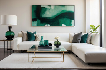 Schickes Wohnzimmer mit grünen Akzenten und minimalistischem Weiß, mit Wohnlandschaft in L-Form - obrazy, fototapety, plakaty