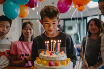 A teenage asian boy blowing candles on his birthday cake surrounded by friends and family, laughter filling the air, with vibrant balloons floating in the background