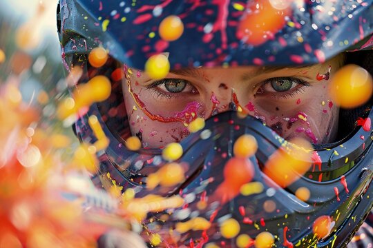 A teenage boy celebrating his birthday with a paintball battle against his friends, the colorful splatters of paint adding an extra element of excitement to the day's festivities