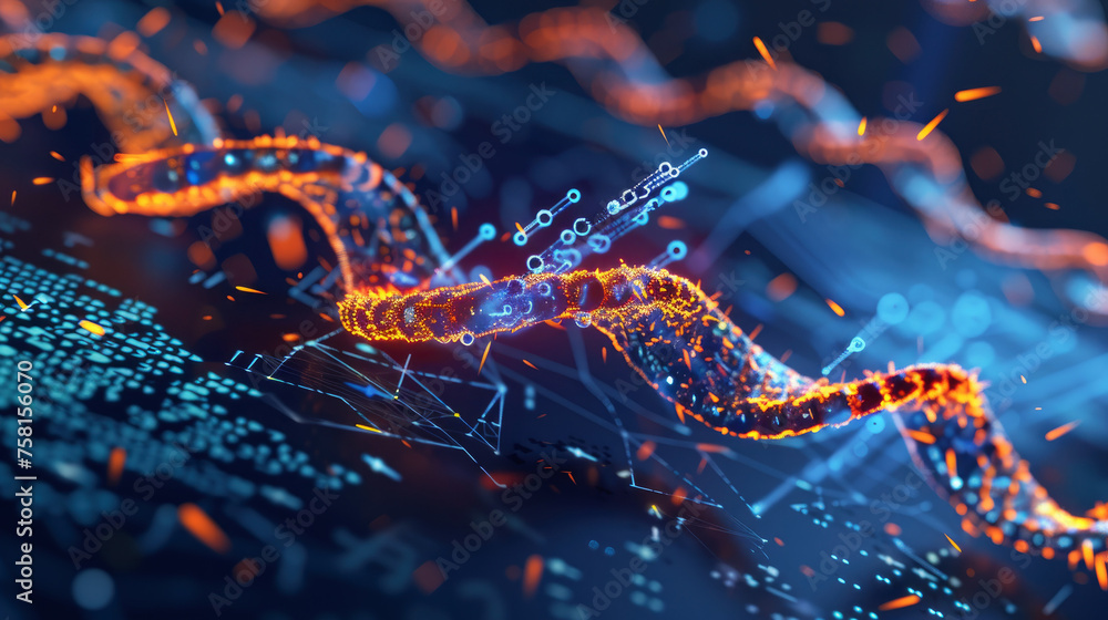 Poster a computer generated image of a dna strand with a blue and orange background. the image is abstract 