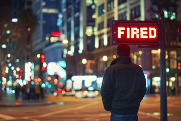 A saddened employee standing on a street corner, with the word "FIRED" displayed on a digital billboard above them