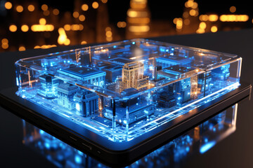 A small city is displayed in a clear case. The city is lit up with blue lights, giving it a futuristic and modern feel. The case is placed on a table